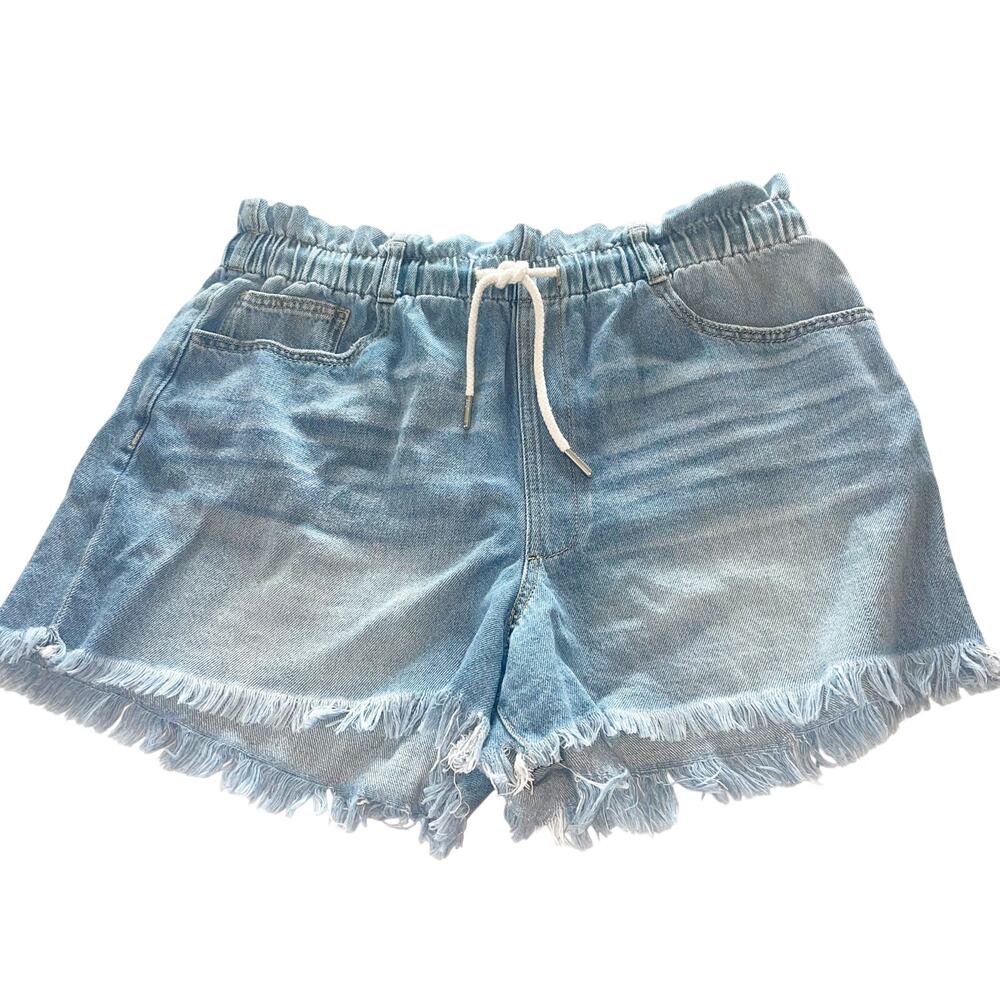 Juicy Couture Denim Med Light Wash Paperbag Waist Drawstring Raw Hem Shorts 32